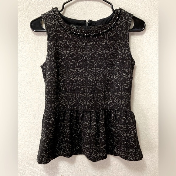 Talbots Wool Blend Black Silver Thread Sparkle Jeweled Detail Peplum Blouse! - Picture 1 of 12